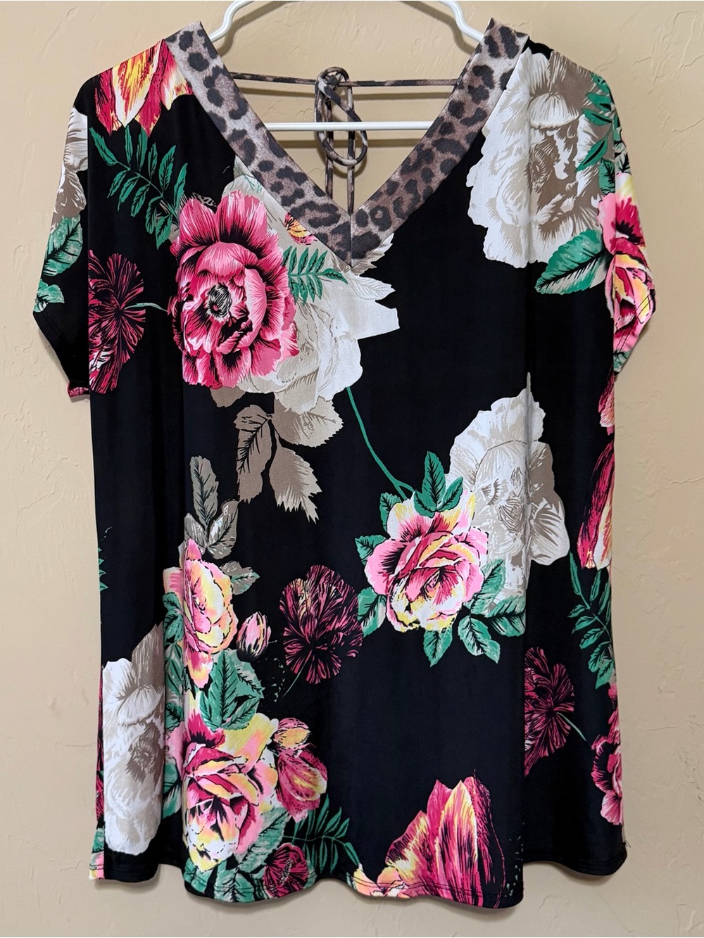Floral V-Neck Tunic Top in Black with Pink Rose Print